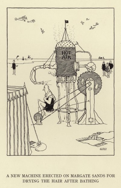 Une nouvelle machine érigée sur les sables de Margate pour sécher les cheveux après le bain - William Heath Robinson