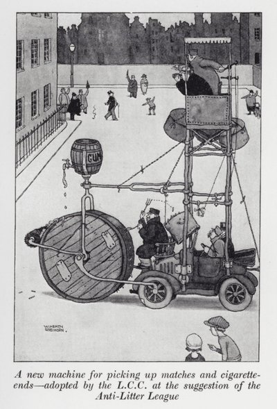 Une nouvelle machine pour ramasser les allumettes et les mégots de cigarettes adoptée par le LCC sur suggestion de la Ligue Anti-Déchets - William Heath Robinson