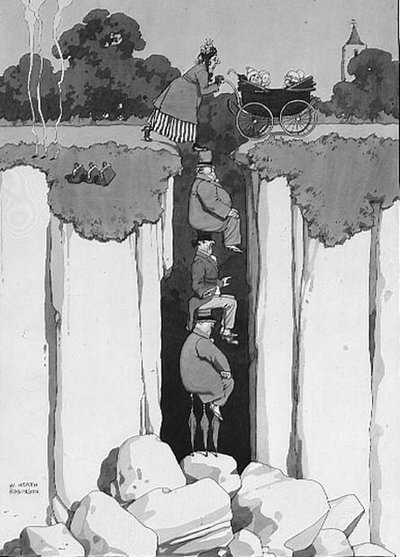 Acte de gentillesse, prévenance de trois messieurs aidant une dame à traverser un gouffre - William Heath Robinson
