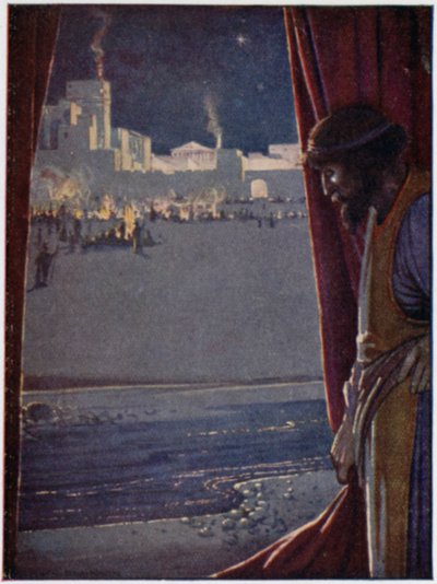 Agamemnon entendit le son de la flûte et du rire des hommes alors que les Troyens festoyaient et se réjouissaient - William Heath Robinson