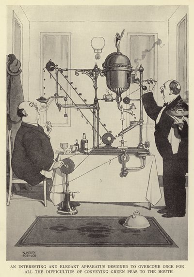 Un appareil intéressant et élégant conçu pour surmonter une fois pour toutes les difficultés de transporter des pois verts à la bouche - William Heath Robinson