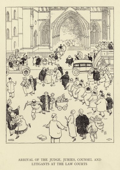 Arrivée du juge, des jurys, des avocats et des plaideurs aux tribunaux - William Heath Robinson