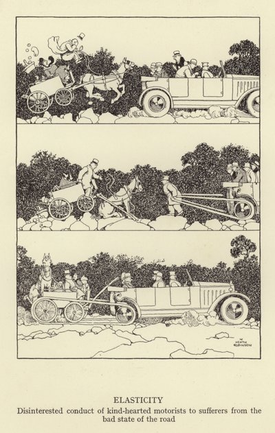 Élasticité, conduite désintéressée de gentils automobilistes envers les victimes du mauvais état de la route - William Heath Robinson