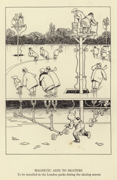Aides magnétiques pour les patineurs, à installer dans les parcs de Londres pendant la saison de patinage - William Heath Robinson