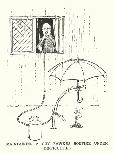 Maintenir un feu de joie de Guy Fawkes dans des conditions difficiles (lithographie) - William Heath Robinson
