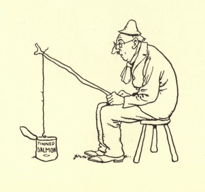 Homme pêchant du saumon en conserve - William Heath Robinson
