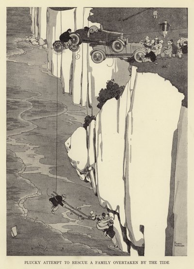 Tentative courageuse de sauver une famille surprise par la marée - William Heath Robinson