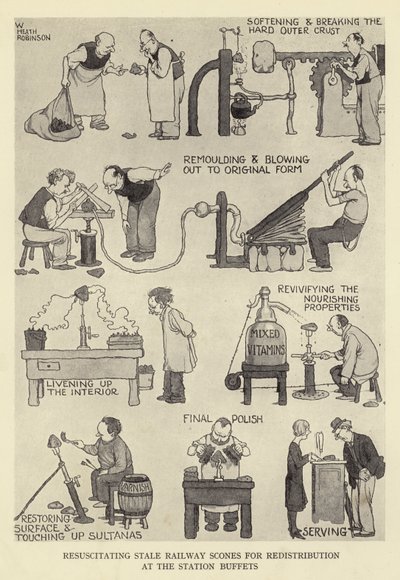 Ressusciter les scones de chemin de fer rassis pour redistribution aux buffets de la gare - William Heath Robinson