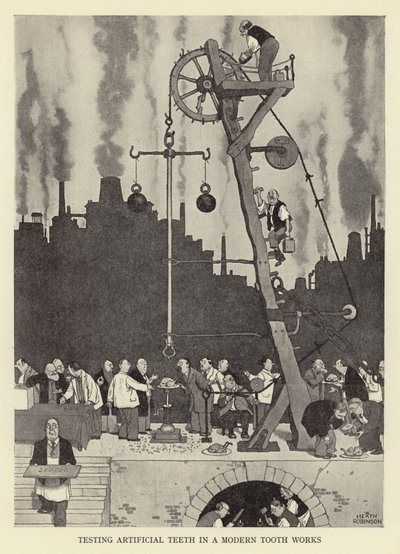 Test des dents artificielles dans une fabrique moderne de dents - William Heath Robinson
