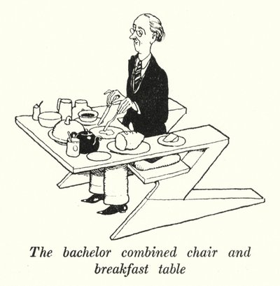 La chaise et table de petit-déjeuner combinées du célibataire - William Heath Robinson