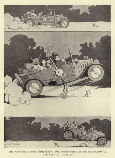 Le nouvel ajustement de la fourche de sécurité pour les voitures pour la protection des poulets sur la route - William Heath Robinson