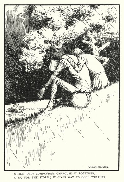 Pendant que les joyeux compagnons festoient ensemble, une figue pour la tempête, elle cède à la bonne météo - William Heath Robinson