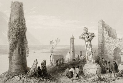 La vieille croix et la tour ronde à Clonmacnois, comté d