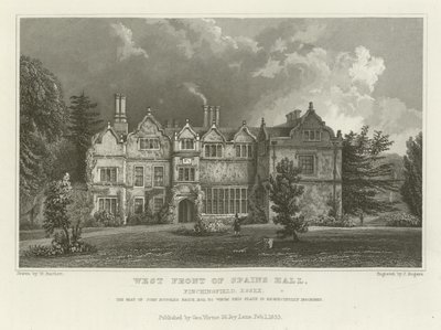 Façade ouest de Spains Hall, Finchingfield, Essex, la résidence de John Ruggles Brice, Esquire - William Henry Bartlett