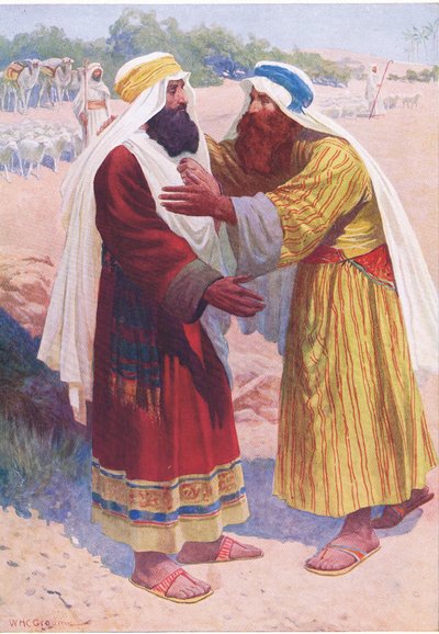La rencontre de Jacob et Ésaü, de The Bible Picture Book publié par Thomas Nelson, vers 1950 - William Henry Charles Groome