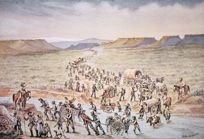 Pionniers mormons avec chariots à main se dirigeant vers l