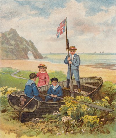 Enfants jouant dans un bateau sur la plage - William Henry James (after) Boot