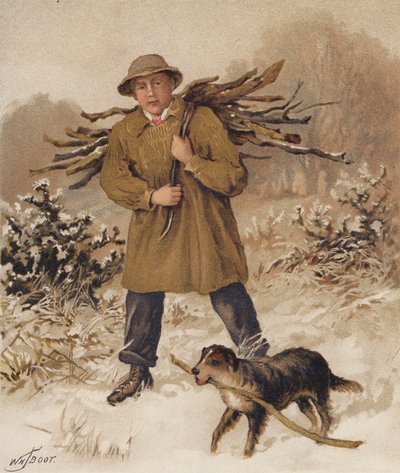 Homme et chien ramassant du bois de chauffage - William Henry James (after) Boot
