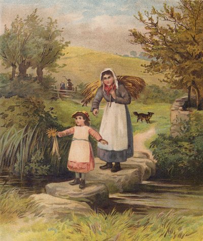 Femme et fille traversant un ruisseau sur des pierres - William Henry James (after) Boot