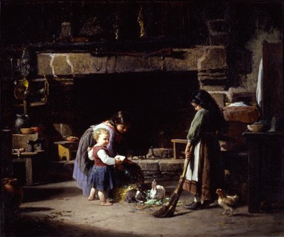 Intérieur de ferme : enfants bretons nourrissant des lapins, 1878 - William Henry Lippincott