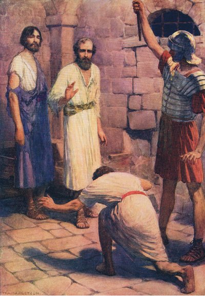 Paul et Silas en prison, de The Bible Picture Book publié par Thomas Nelson, c.1950 - William Henry Margetson