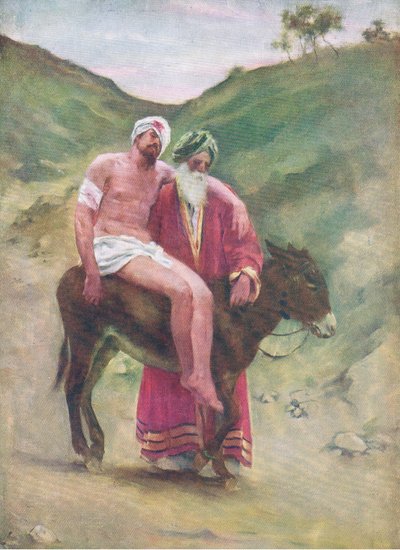 Le bon Samaritain, de The Bible Picture Book publié par Thomas Nelson, c.1950 - William Henry Margetson