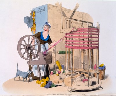 Femme filant de la laine sur une machine rotative pour faire des écheveaux - William Henry Pyne
