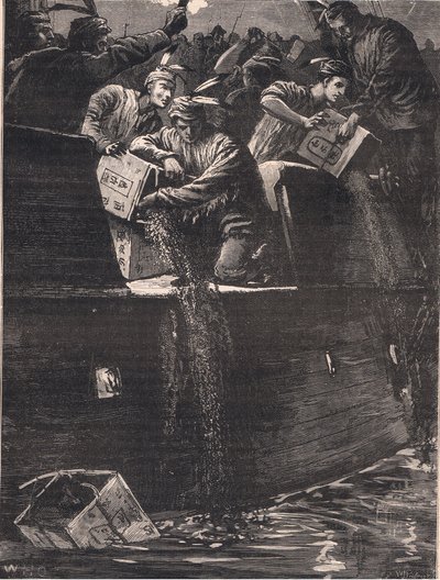 Les garçons de Boston déguisés en Indiens jetant les caisses de thé dans le port en 1773 - William Heysham Overend