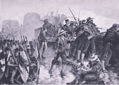 Défendre un laager contre une attaque zouloue, illustration de British Battles on Land and Sea, 1915 - William Heysham Overend
