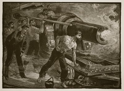 Guerre navale : manœuvrer un canon de navire, gravé par W.J. Palmer - William Heysham Overend