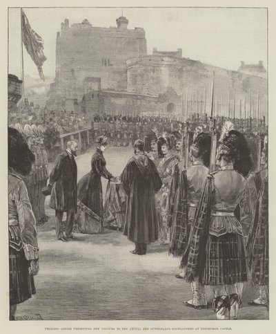 La princesse Louise présentant de nouvelles couleurs aux Argyll and Sutherland Highlanders au château d