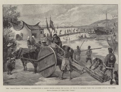 Les Drapeaux Noirs à Formose, construisant un pont en bambou à travers le lagon pour se retirer lors de l