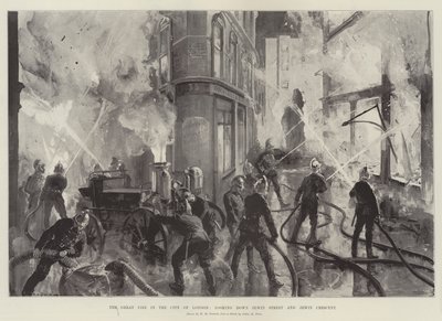 Le grand incendie dans la ville de Londres, vue sur Jewin Street et Jewin Crescent - William Heysham Overend