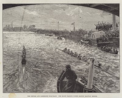 La course de bateaux Oxford et Cambridge, les bateaux passant sous le pont ferroviaire de Barnes - William Heysham Overend