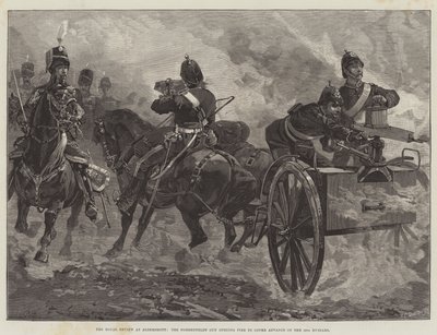 La revue royale à Aldershott, le canon Nordenfeldt ouvrant le feu pour couvrir l