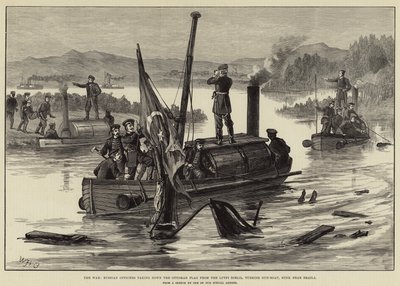 La Guerre, officiers russes abaissant le drapeau ottoman du Lutfi Djelil, canonnière turque, coulée près de Braila - William Heysham Overend