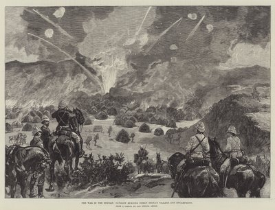 La guerre au Soudan, la cavalerie brûlant le village et le campement d