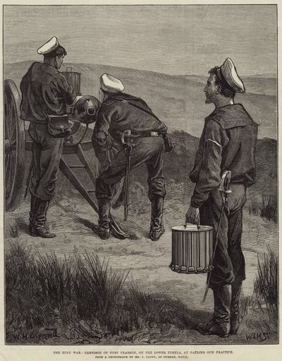 La guerre zouloue, garnison du fort Pearson, sur le bas Tugela, à la pratique du canon Gatling - William Heysham Overend
