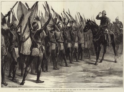 La guerre zouloue, le général Lord Chelmsford passant en revue le contingent indigène sur les rives de la Tugela, les indigènes criant H-H-Ooo! - William Heysham Overend