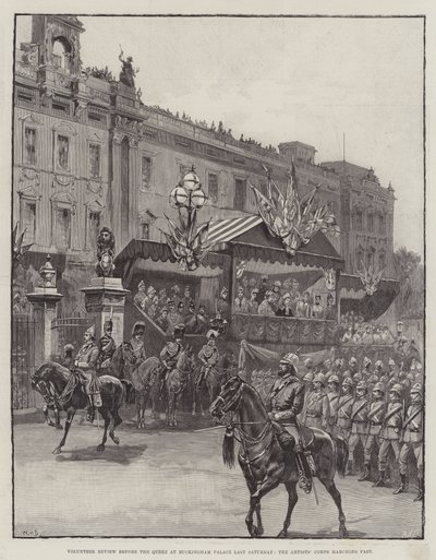 Revue des volontaires devant la reine au palais de Buckingham samedi dernier, le corps des artistes défilant - William Heysham Overend