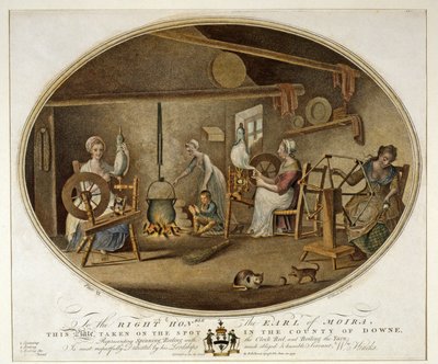 Filage, bobinage avec le bobinoir à horloge, et ébullition du fil, planche VI de La Manufacture de lin d