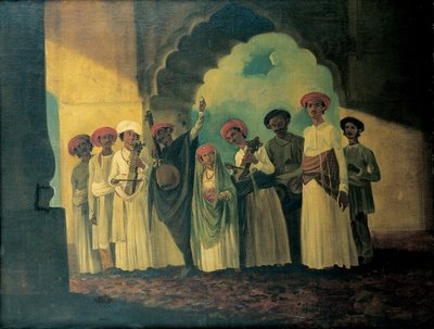 Groupe de musiciens indiens jouant du sarangi, du tambura et des tablas, avec une fille dansant sur une terrasse - William Hodges