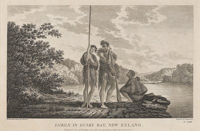 Vue de la Baie des Îles (Dusky Bay) (Nouvelle-Zélande), avec une famille maorie. Gravure (33,9x47,1 cm) d