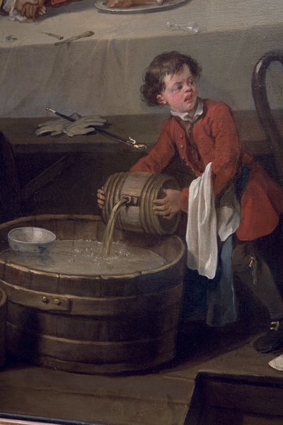 Un marmiton distrait verse un tonneau de brandy sur un demi-tonneau de déchets sales, (détail) - William Hogarth