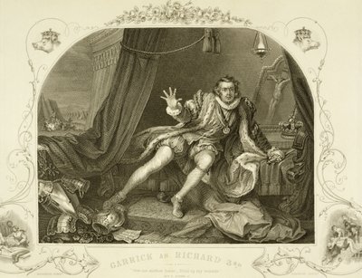 David Garrick (1717-79) en Richard III, Acte V Scène 3, dans la pièce de William Shakespeare, gravé par Portbury - William Hogarth