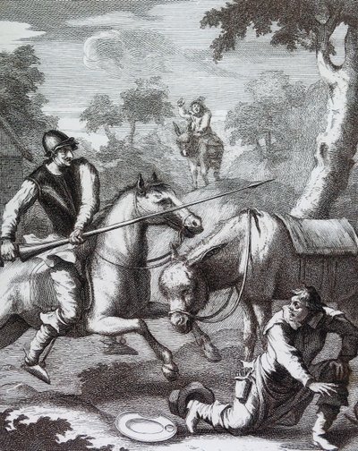 Don Quichotte saisit le bassin du barbier pour le casque de Mambrino - William Hogarth