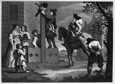 Hudibras et Ralpho conduisent leur prisonnier Crowdero aux stocks - William Hogarth
