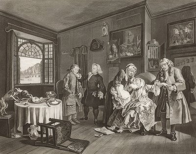 Mariage à la mode / Heirat nach der Mode. Feuille 6 : La mort de la dame / Le suicide de la comtesse - William Hogarth