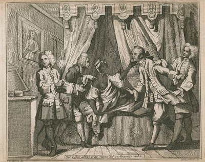 Qui color albus nunc erat, est contrarius albo; Quatre hommes confrontent une femme noire dans sa chambre - William Hogarth