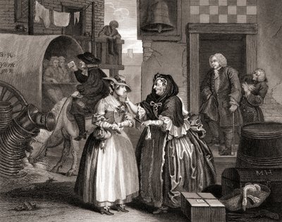 Le Progrès de la prostituée pris au piège par une entremetteuse, des Œuvres de Hogarth publiées à Londres en 1833 (gravure en noir et blanc) - William Hogarth